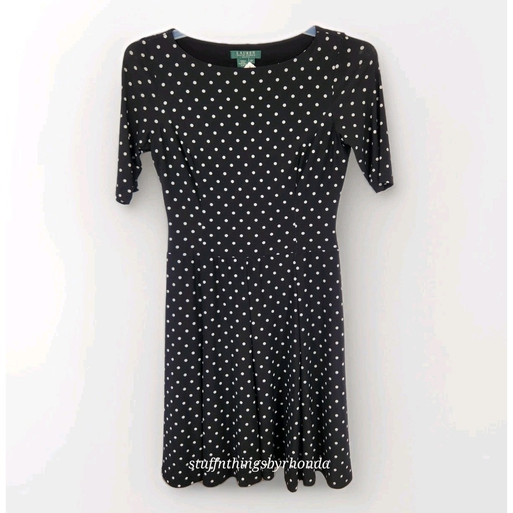 Lauren Ralph Lauren Polka Dot Fit & Flare Boatneck Dress Women's Sz 6 Petite